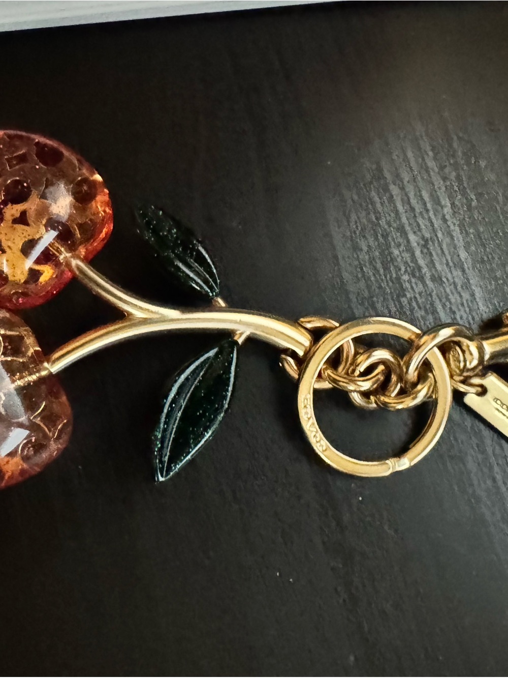 Coach Cherry Keychain with Pink Glass Cherries and Dark Green Leaves bag charm - Picture 2 of 3